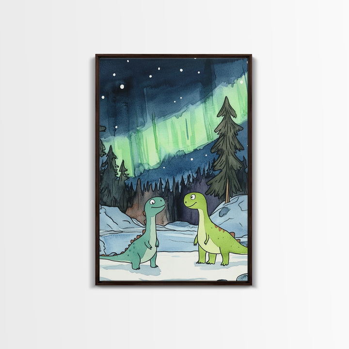 Two Smiling Dinosaurs In Snowy Forest Wall Art, Northern Lights Nursery Decor, Whimsical Kids Room Canvas Print, Baby Shower Gift