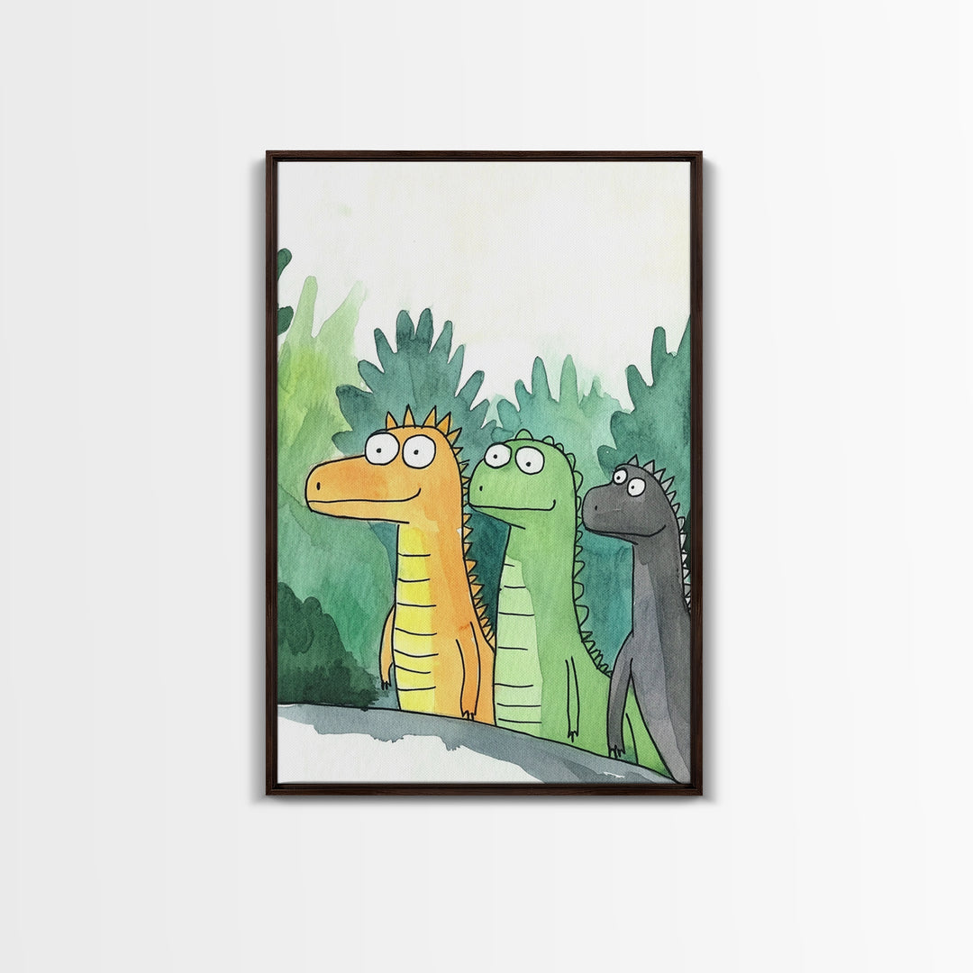 Three Cute Dinosaurs In Green Jungle Wall Art, Whimsical Animal Nursery Decor, Kids Room Art Print, Colorful Canvas Print