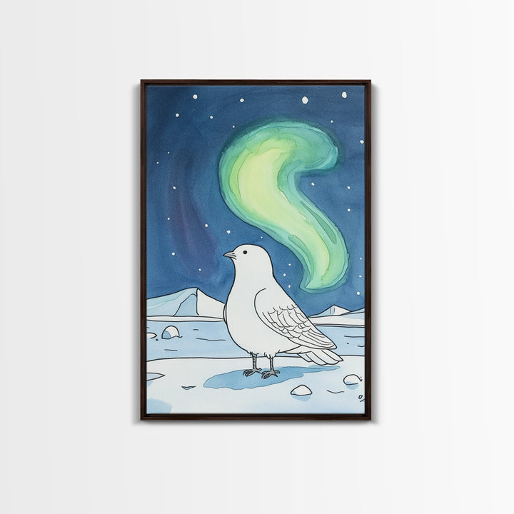 White Arctic Bird Beneath Northern Lights Wall Art, Winter Nature Decor, Celestial Bird Art Print, Peaceful Canvas Print