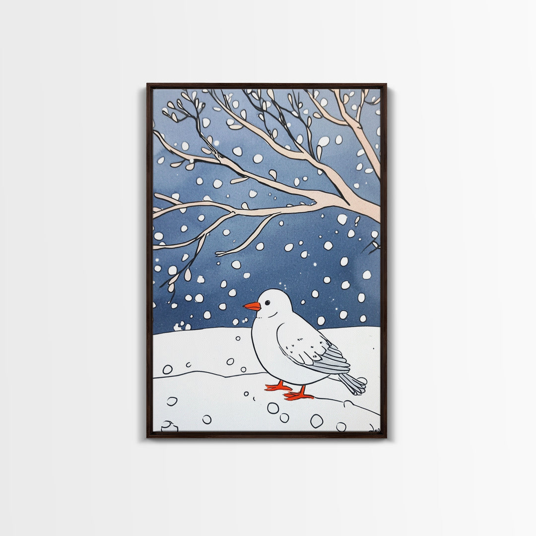 White Snow Bird Under Winter Branches Wall Art, Cozy Nature Decor, Minimalist Bird Art Print, Scandinavian Decor Canvas Print