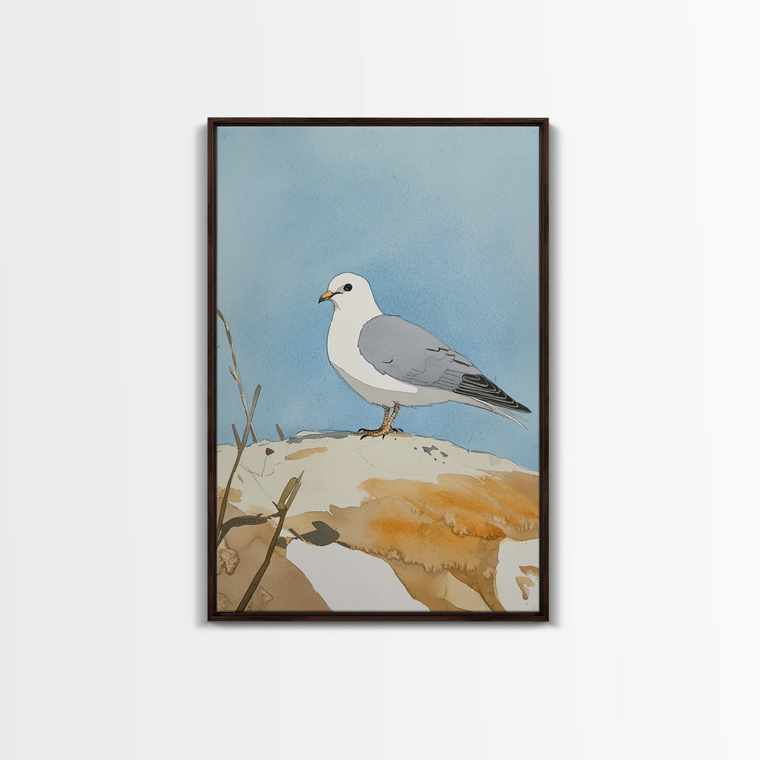 Coastal Seagull On Sunlit Rock Wall Art, Beach House Decor, Living Room Decor, Ocean Bird Art Print, Nautical Framed Canvas Print
