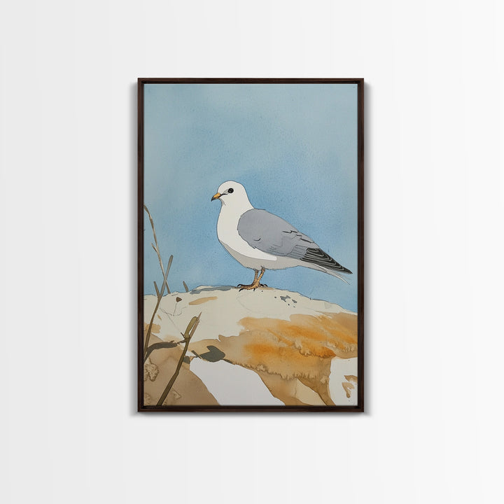 Coastal Seagull On Sunlit Rock Wall Art, Beach House Decor, Living Room Decor, Ocean Bird Art Print, Nautical Framed Canvas Print