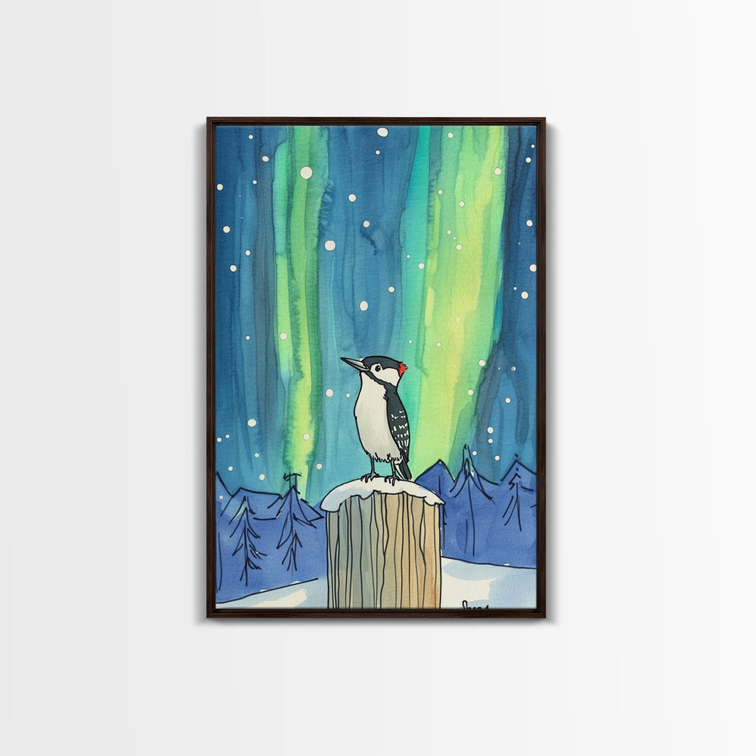 Woodpecker Under Aurora Snowy Forest Wall Art, Northern Lights Bird Art Print, Winter Nature Decor, Cozy Cabin Decor Canvas Print