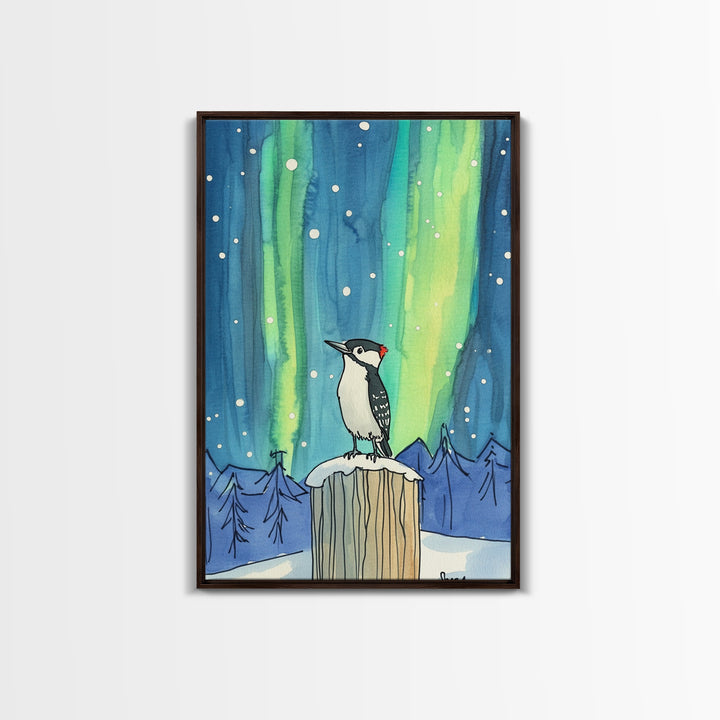Woodpecker Under Aurora Snowy Forest Wall Art, Northern Lights Bird Art Print, Winter Nature Decor, Cozy Cabin Decor Canvas Print