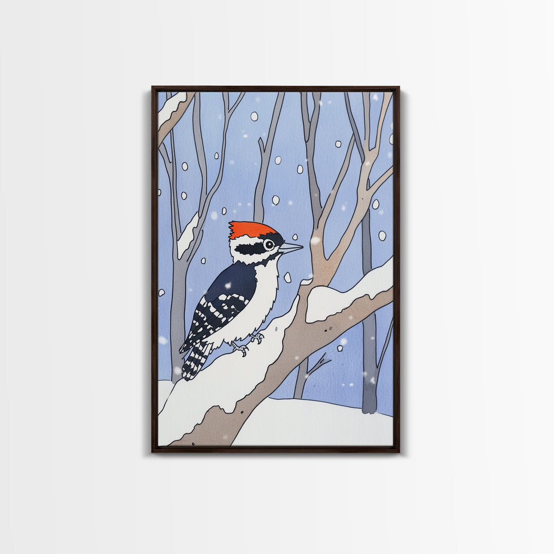 Red Capped Woodpecker In Snowy Winter Forest Wall Art, Woodland Bird Print, Nursery Decor, Rustic Cabin Decor, Nature Gift