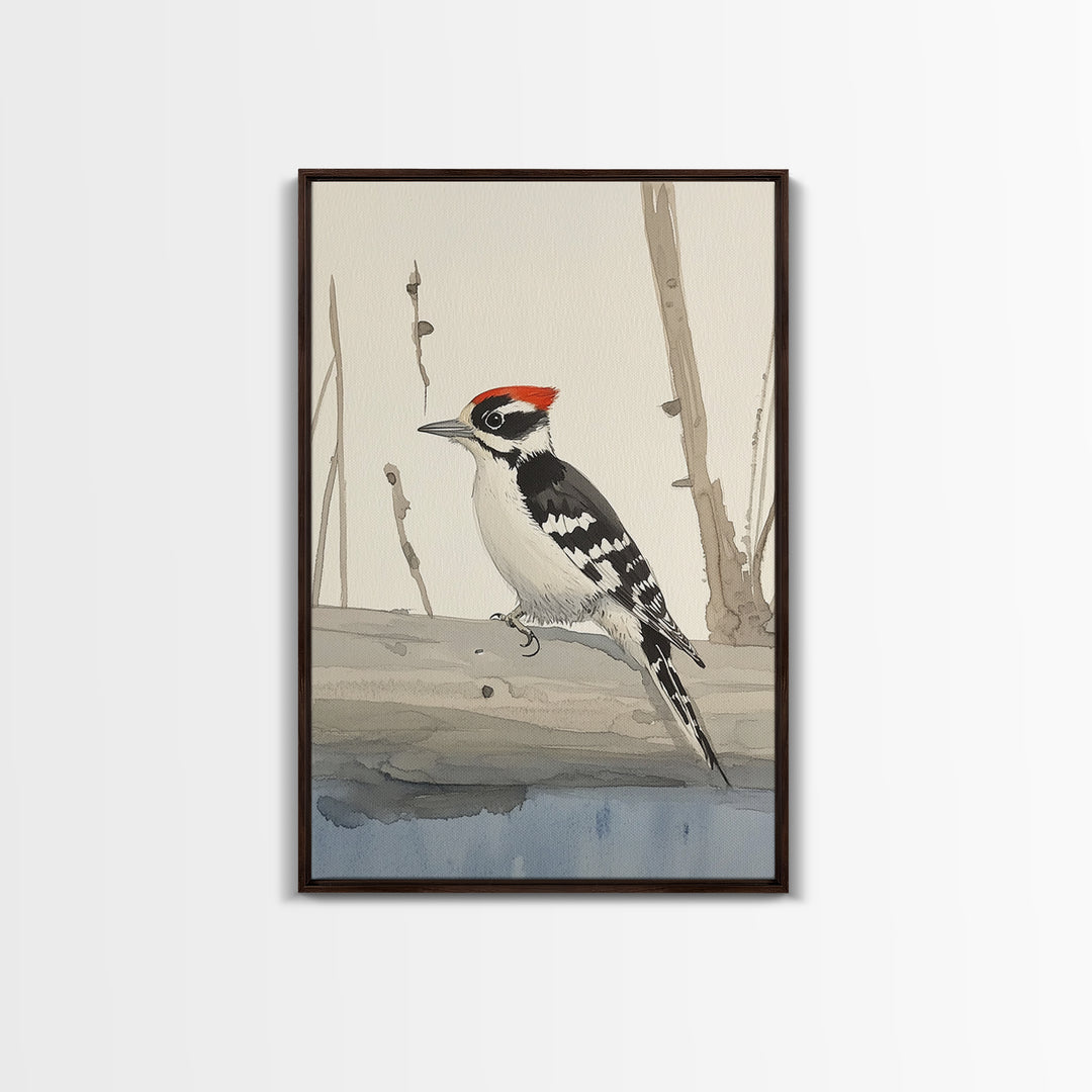 Red Crown Woodpecker On Winter Log Wall Art, Minimalist Bird Print, Woodland Nursery Decor, Rustic Nature Art, Cabin Decor