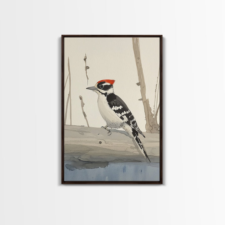 Red Crown Woodpecker On Winter Log Wall Art, Minimalist Bird Print, Woodland Nursery Decor, Rustic Nature Art, Cabin Decor