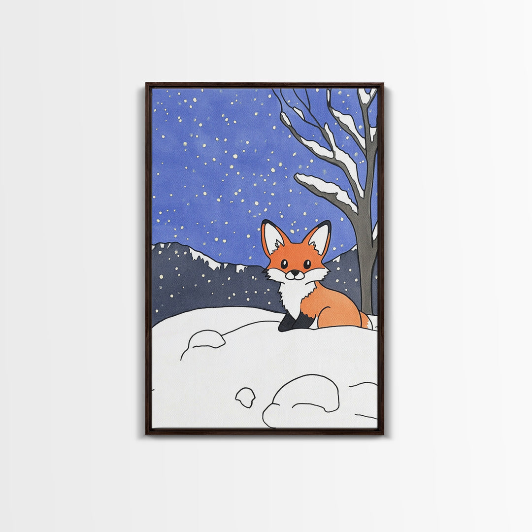 Cute Fox In Snowy Mountain Night Wall Art, Woodland Animal Print, Winter Nursery Decor, Cabin Wall Decor, Whimsical Art Print