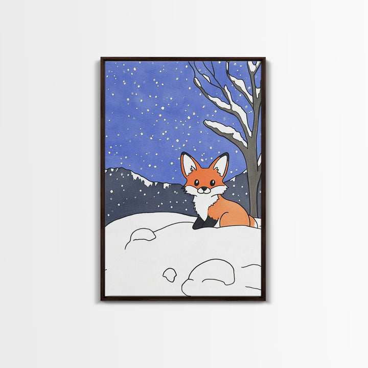 Cute Fox In Snowy Mountain Night Wall Art, Woodland Animal Print, Winter Nursery Decor, Cabin Wall Decor, Whimsical Art Print