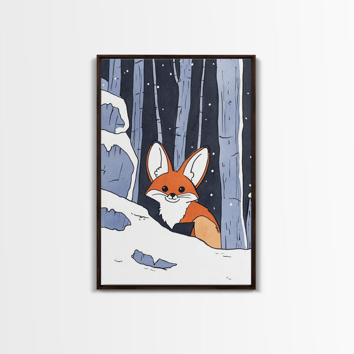 Fox Peeking From Snowy Forest Canvas Print, Woodland Animal Wall Art, Whimsical Nursery Decor, Winter Cabin Decor, Fox Art
