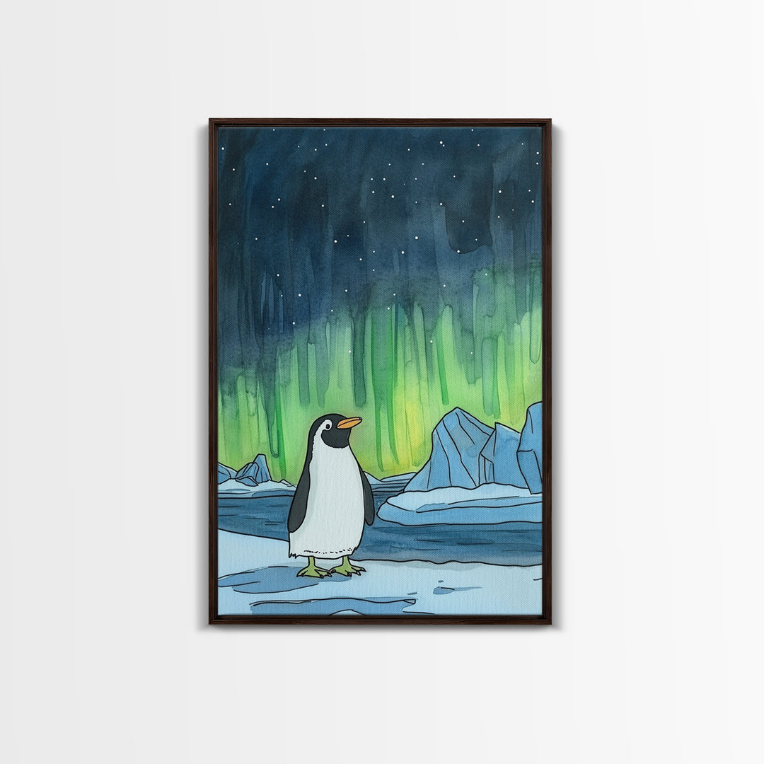 Penguin Under Northern Lights Canvas Print, Arctic Animal Wall Art, Kids Room Decor, Aurora Nursery Art, Gift For Him, Home Decor