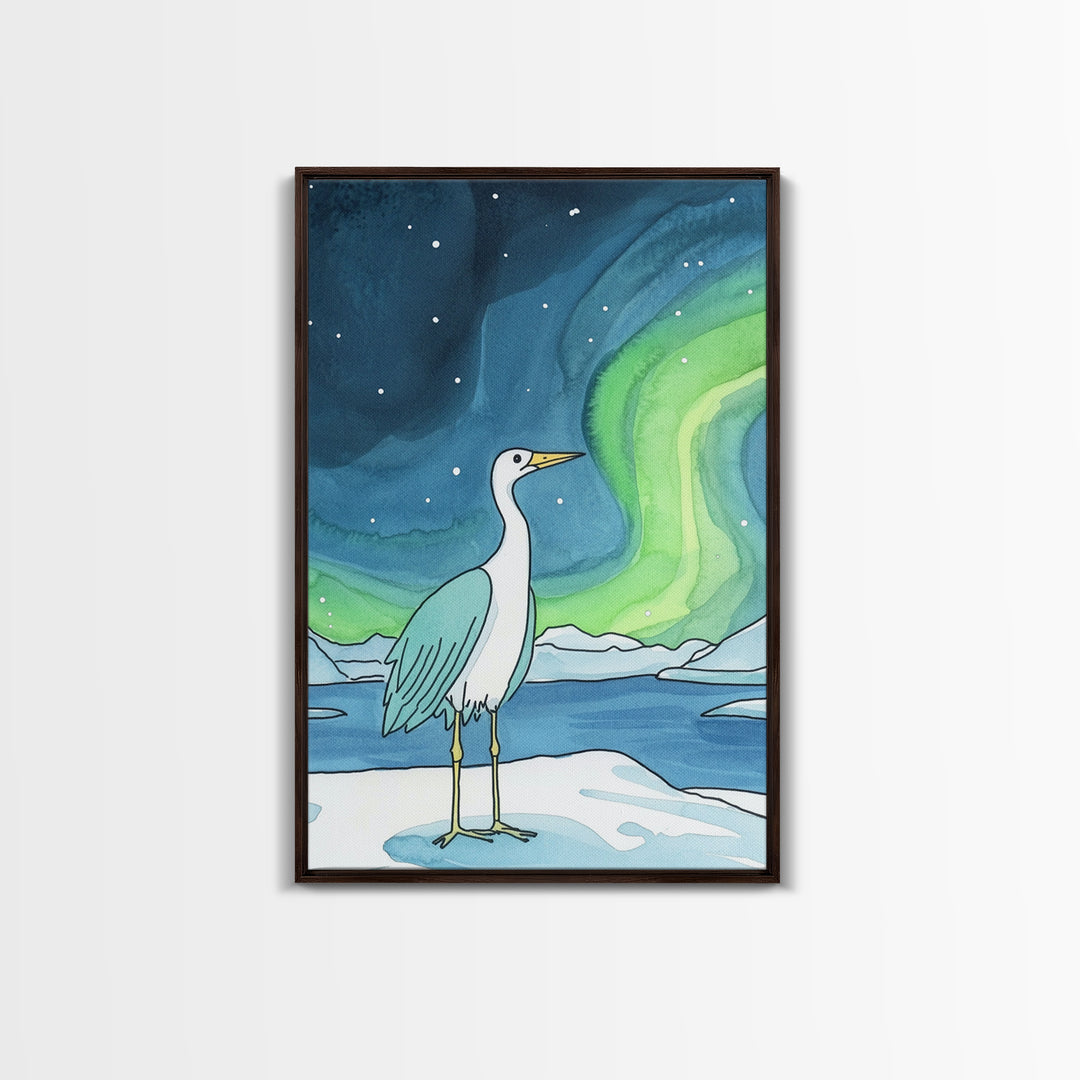 White Heron Under Northern Lights Canvas Print, Arctic Bird Wall Art, Coastal Nature Home Decor, Serene Nursery Gift For Her