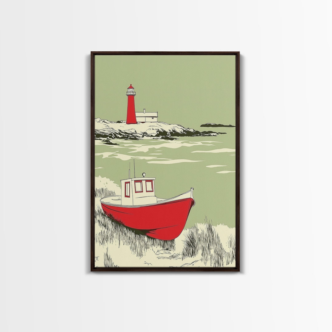 Red Fishing Boat And Lighthouse Canvas Print, Coastal Wall Art, Nautical Beach House Decor, Seascape Gift For Him, Living Room Decor