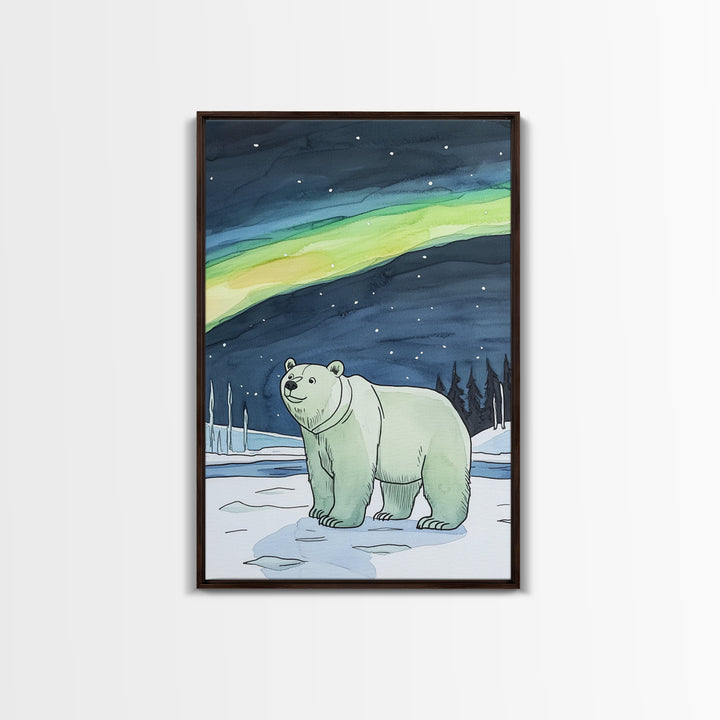 Polar Bear Under Northern Lights Wall Art, Arctic Wildlife Canvas Print, Winter Nature Decor, Nursery Gift For Kids Room