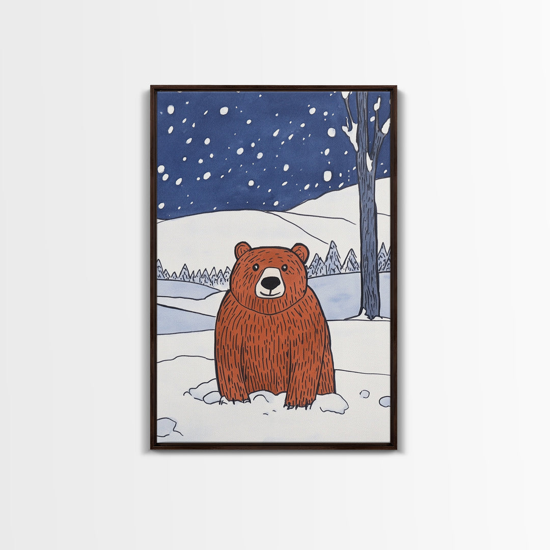 Brown Bear In Snowy Forest Wall Art, Woodland Animal Canvas Print, Rustic Nursery Decor, Winter Wildlife Gift For Kids Room Decor