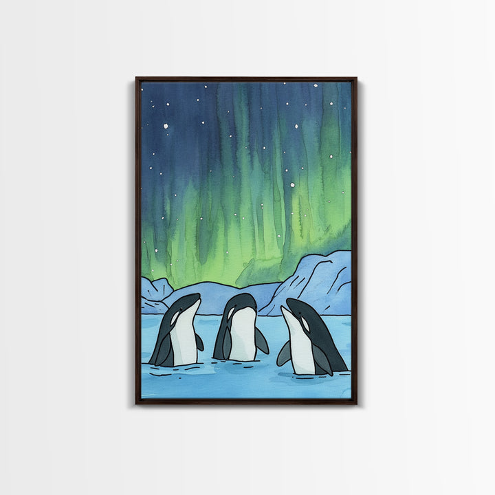 Orca Whales Under Northern Lights Wall Art, Arctic Ocean Print, Marine Life Decor, Coastal Nursery Art, Whale Lover Gift