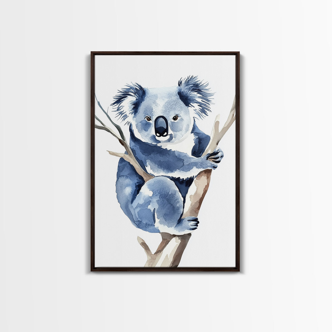Blue Koala Climbing Eucalyptus Canvas Print, Watercolor Animal Wall Art, Nursery Decor, Kids Room Art, Wildlife Art Print