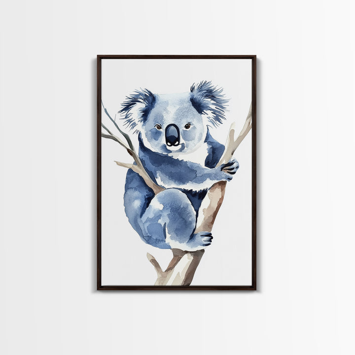 Blue Koala Climbing Eucalyptus Canvas Print, Watercolor Animal Wall Art, Nursery Decor, Kids Room Art, Wildlife Art Print