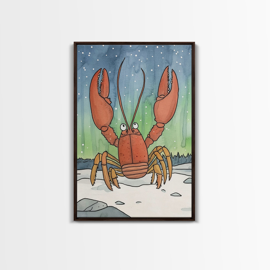 Whimsical Lobster Under Starry Sky Canvas Print, Coastal Animal Wall Art, Nautical Nursery Decor, Ocean Life Art Print, Kids Room Decor