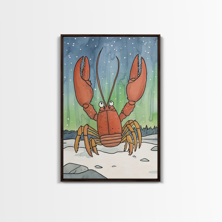 Whimsical Lobster Under Starry Sky Canvas Print, Coastal Animal Wall Art, Nautical Nursery Decor, Ocean Life Art Print, Kids Room Decor