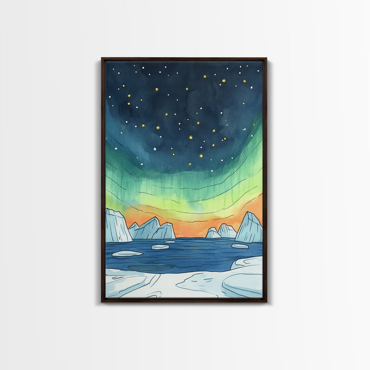 Northern Lights Over Icebergs Canvas Print, Arctic Ocean Wall Art, Aurora Seascape Decor, Coastal Landscape Gift For Her