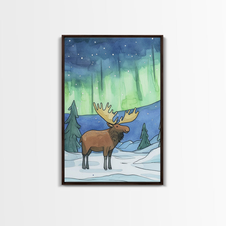 Whimsical Moose Under Green Northern Lights Canvas Print, Winter Animal Wall Art For Nursery Decor And Cozy Cabin Decor Gift