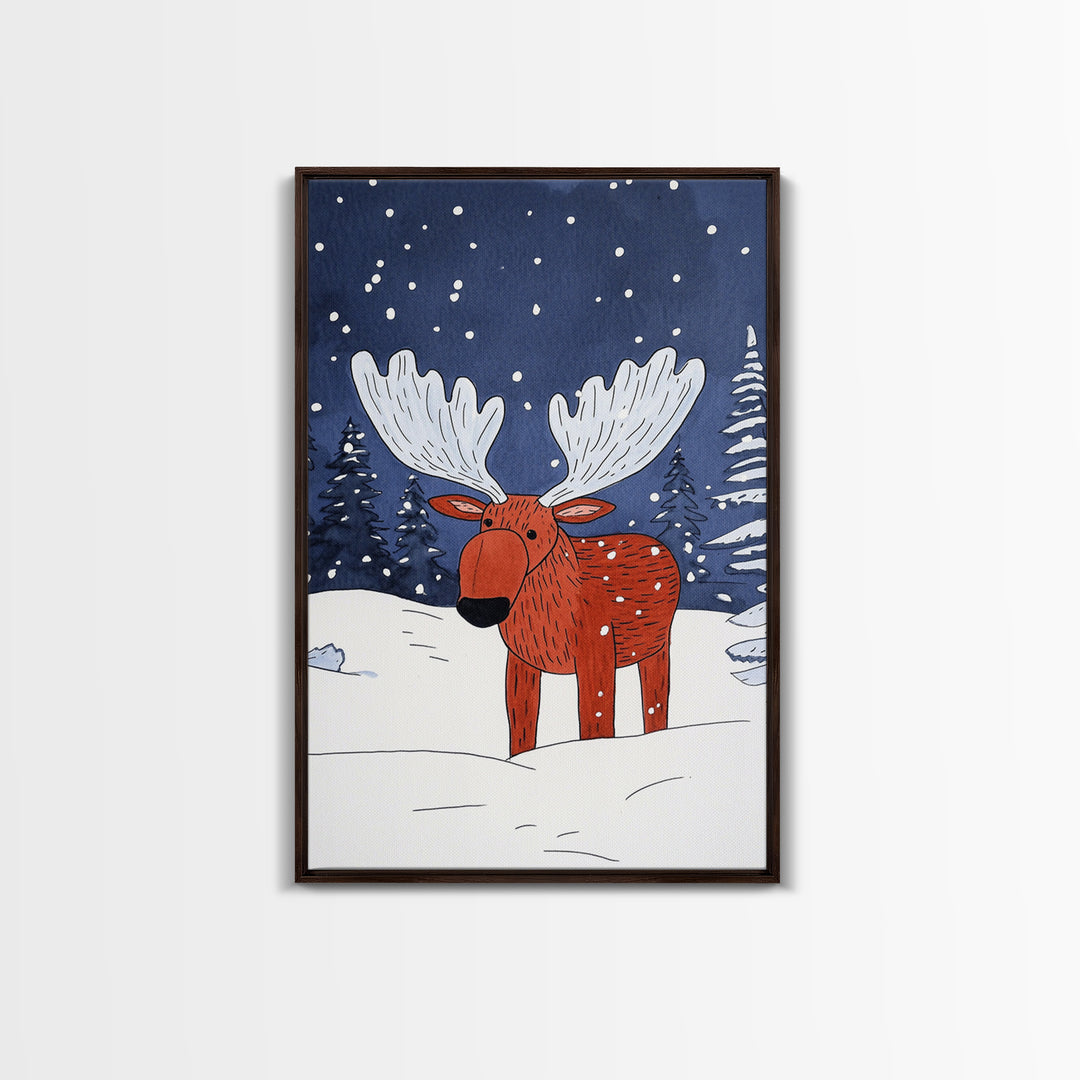 Red Whimsical Moose In Snowy Forest Canvas Print, Cute Animal Wall Art For Kids Room Decor And Nordic Winter Decor Gift Print