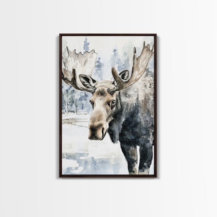 Realistic Moose Portrait In Snowy Pines Framed Canvas Print, Wildlife Wall Art For Rustic Cabin Decor And Nature Lover Gift