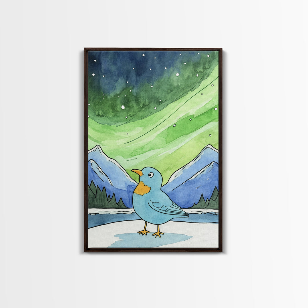 Blue Bird Beneath Green Aurora Canvas Print, Whimsical Animal Wall Art For Nursery Decor, Mountain Art, And Kids Room Decor