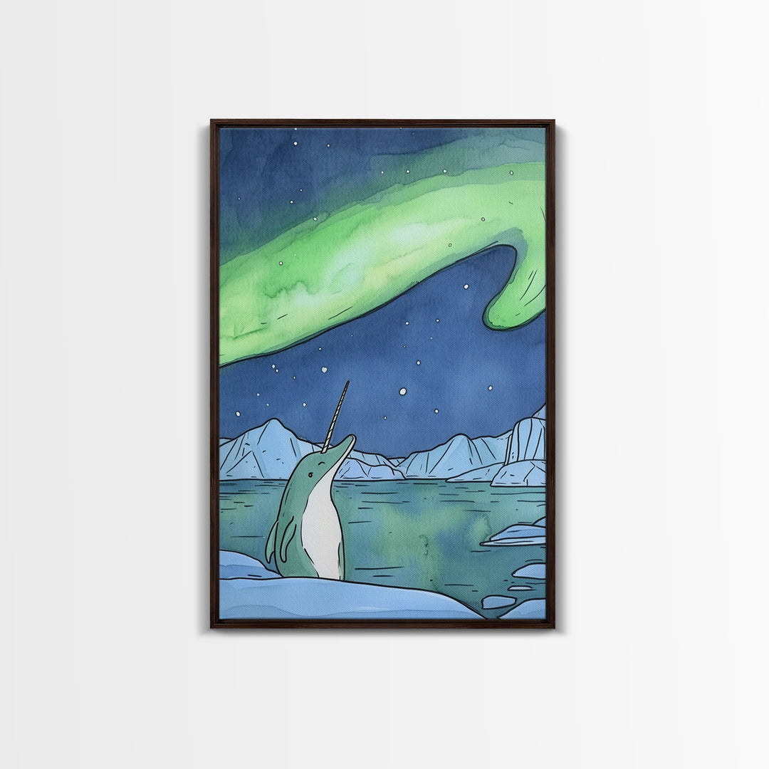 Whimsical Narwhal Under Northern Lights Canvas Print, Arctic Ocean Animal Wall Art, Nursery Decor And Kids Room Gift For Her