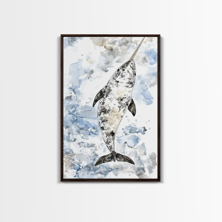 Speckled Narwhal Whale Watercolor Framed Canvas Print, Marine Life Wall Art, Ocean Animal Nursery Decor And Coastal Gift