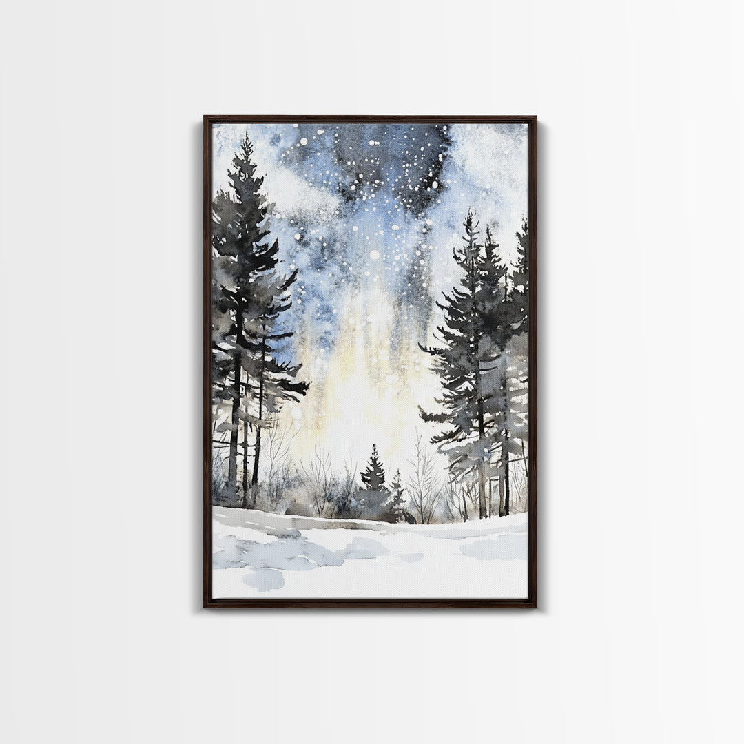 Snowy Night Pine Forest Framed Canvas Print, Winter Landscape Wall Art, Moody Nature Decor For Cabin Living Room Gift Idea