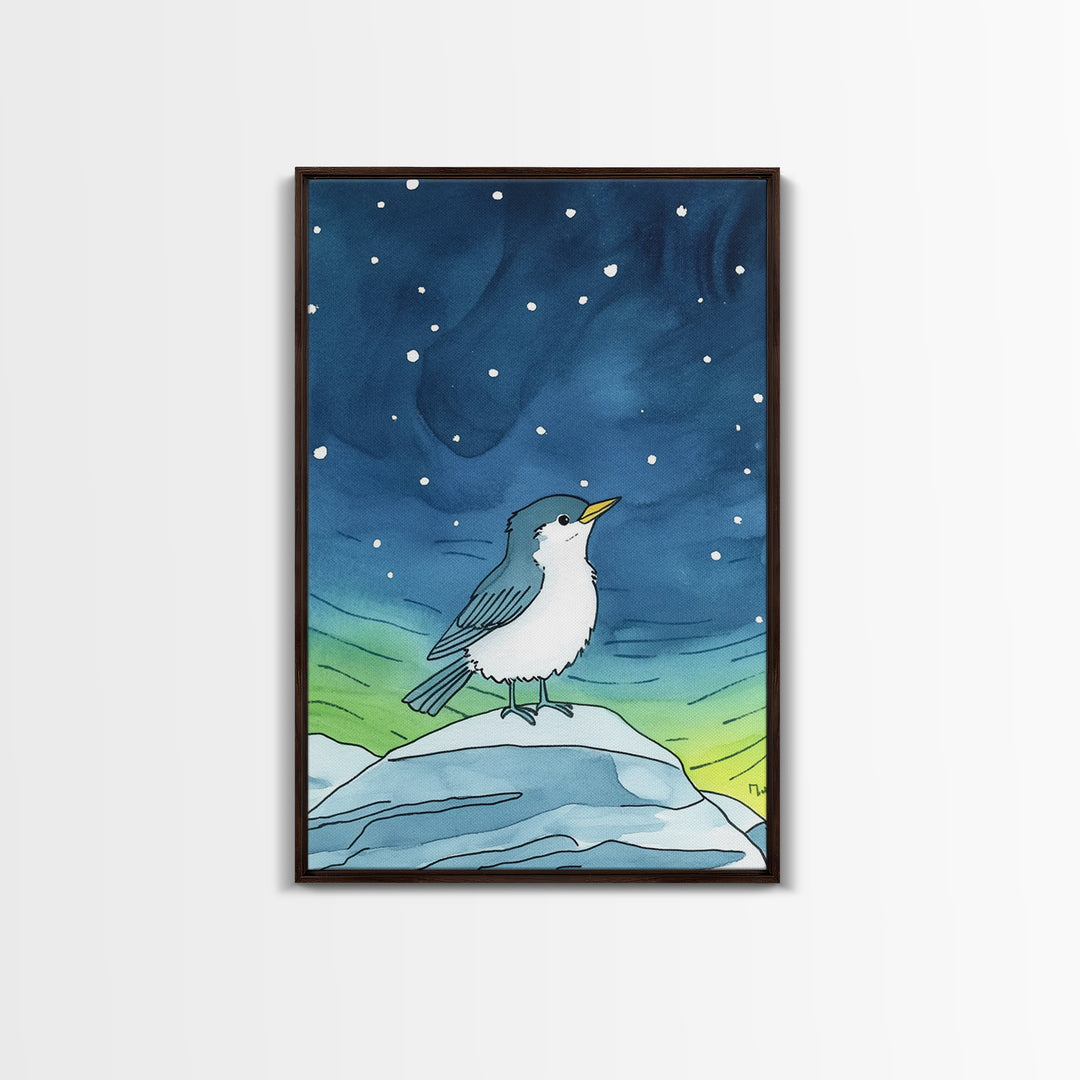 Cute Arctic Bird On Ice Under Aurora Canvas Print, Whimsical Animal Wall Art, Nursery Decor And Kids Room Decor Gift For Bird Lover