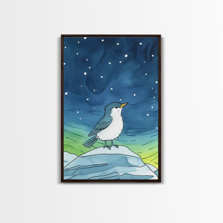 Cute Arctic Bird On Ice Under Aurora Canvas Print, Whimsical Animal Wall Art, Nursery Decor And Kids Room Decor Gift For Bird Lover