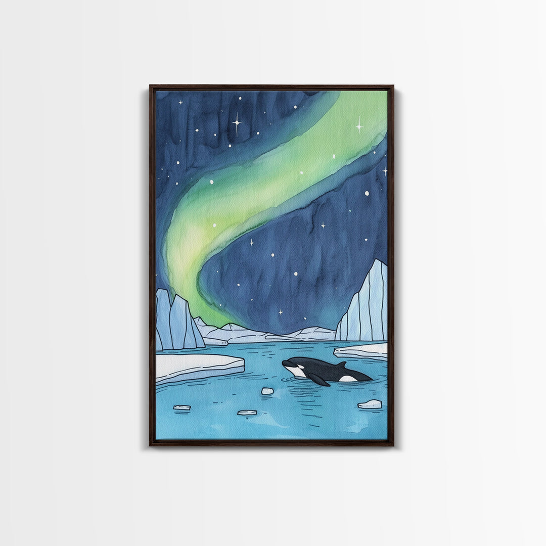 Northern Lights Orca Wall Art, Arctic Ocean Canvas Print, Celestial Coastal Decor, Whale Wildlife Art For Nursery Room Decor