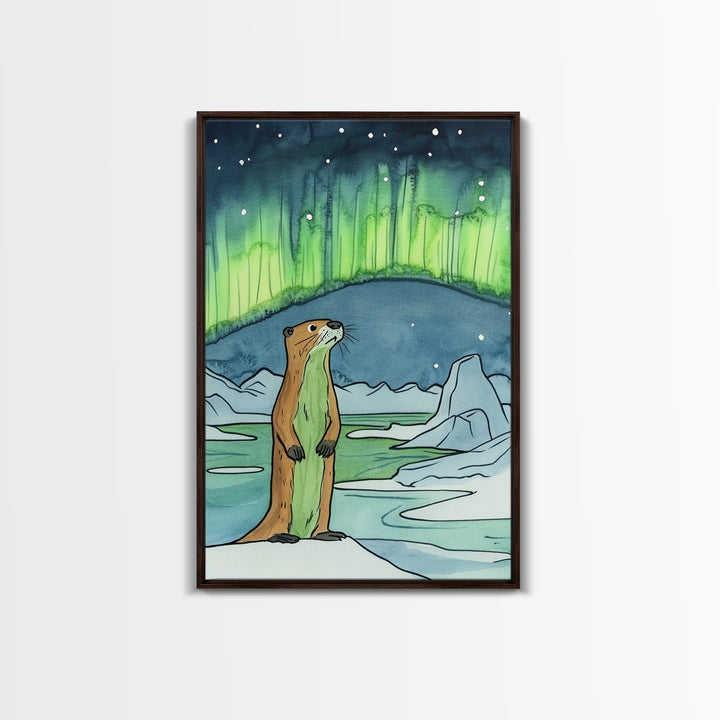 Curious Otter Under Green Aurora Wall Art, Arctic Animal Print, Northern Lights Decor, Whimsical Nursery And Kids Room Art