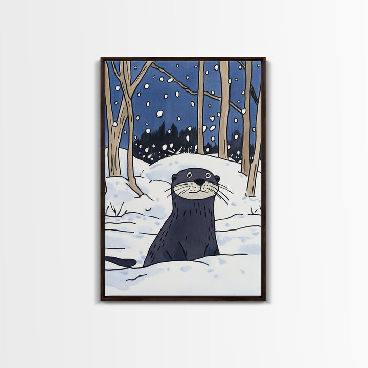 Snowy Forest Otter Wall Art, Winter Animal Print, Whimsical Wildlife Decor, Woodland Nursery Art And Cozy Cabin Decor Gift