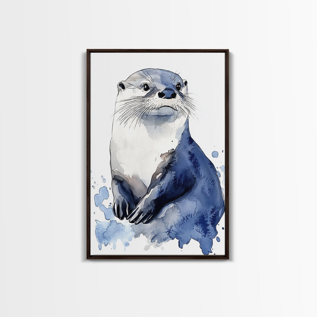 Blue Watercolor Otter Canvas Print, Coastal Animal Art, Wildlife Wall Decor, Nautical Nursery Print And Ocean Lover Gift