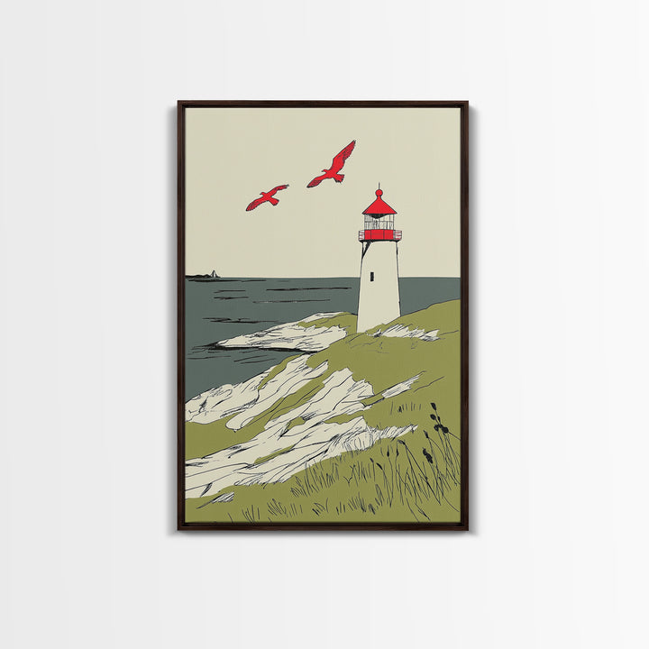 Coastal Lighthouse With Red Birds Wall Art, Nautical Print, Beach House Decor, Seaside Landscape Art And Ocean Wall Decor