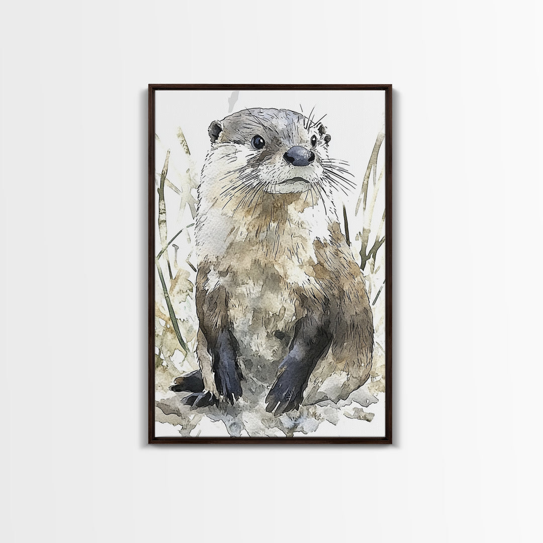 Neutral Watercolor Otter Framed Canvas Print, Wildlife Wall Art, Woodland Animal Decor, Nature Art Print And Housewarming Gift