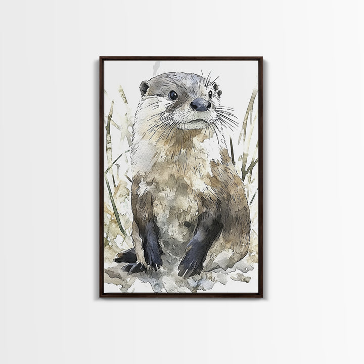 Neutral Watercolor Otter Framed Canvas Print, Wildlife Wall Art, Woodland Animal Decor, Nature Art Print And Housewarming Gift