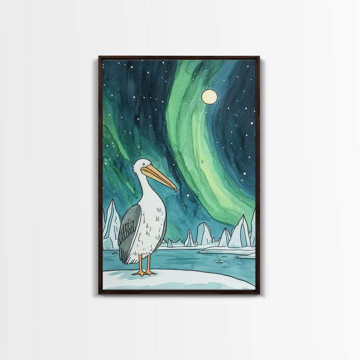 Pelican Under Green Aurora Canvas Print, Northern Lights Wall Art, Arctic Coastal Decor, Bird Lover Gift And Nursery Art