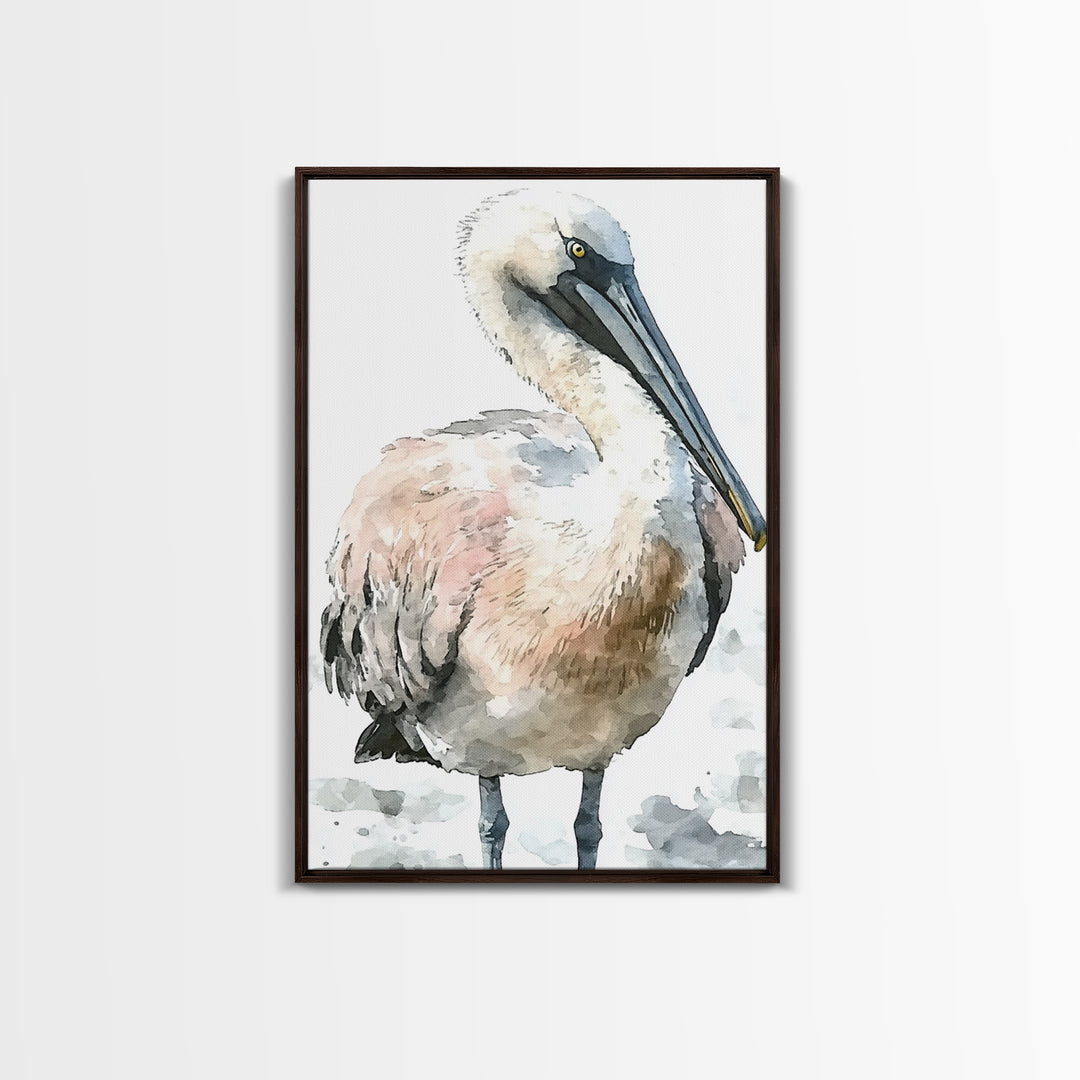 Soft Watercolor Pelican Framed Canvas Print, Coastal Bird Wall Art, Nautical Decor, Ocean Animal Print And Beach House Gift
