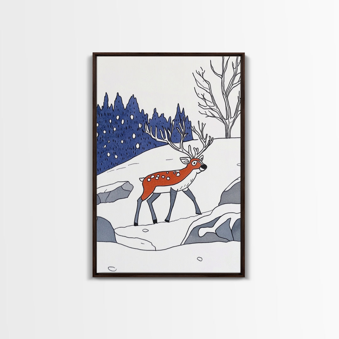 Red Reindeer In Snowy Forest Wall Art, Whimsical Winter Nursery Print, Woodland Animal Decor, Christmas Gift For Kids Room Decor