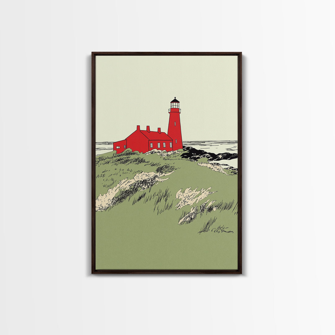 Red Coastal Lighthouse Canvas Print, Nautical Beach House Wall Art, Seascape Landscape Poster, Ocean Home Decor Gift For Her