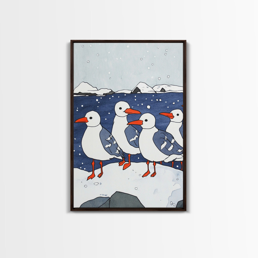 Arctic Seabirds On Snowy Shore Wall Art, Coastal Bird Print, Ocean Nursery Decor, Winter Wildlife Canvas Print Gift For Kids Room