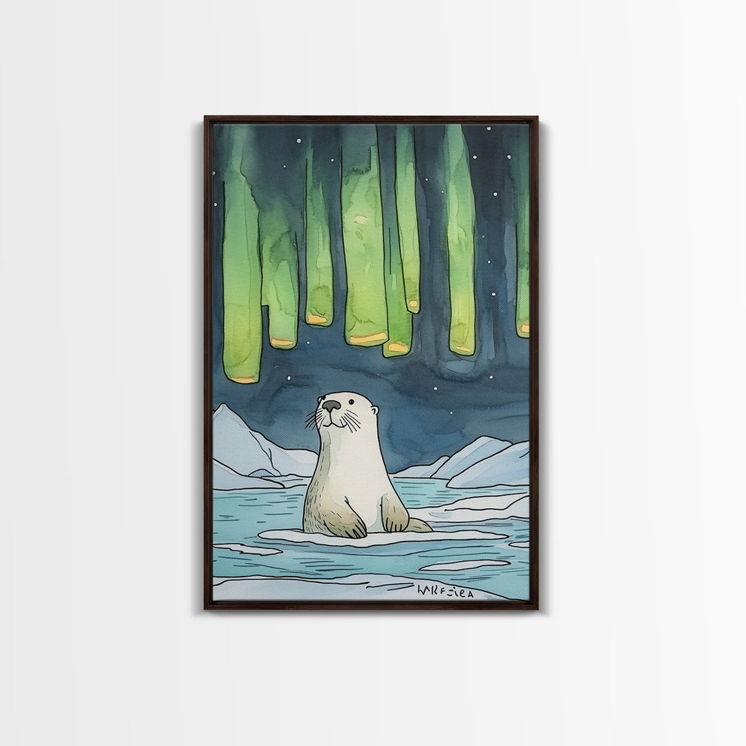 Whimsical Otter Under Northern Lights Wall Art, Arctic Animal Print, Kids Room Decor, Nursery Art, Coastal Nature Decor Gift