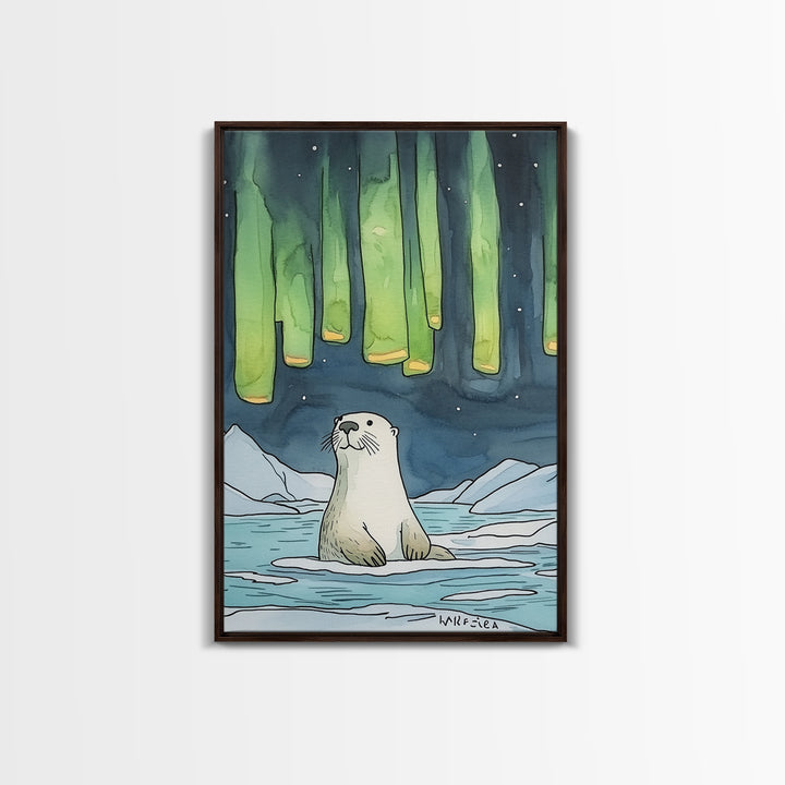 Whimsical Otter Under Northern Lights Wall Art, Arctic Animal Print, Kids Room Decor, Nursery Art, Coastal Nature Decor Gift