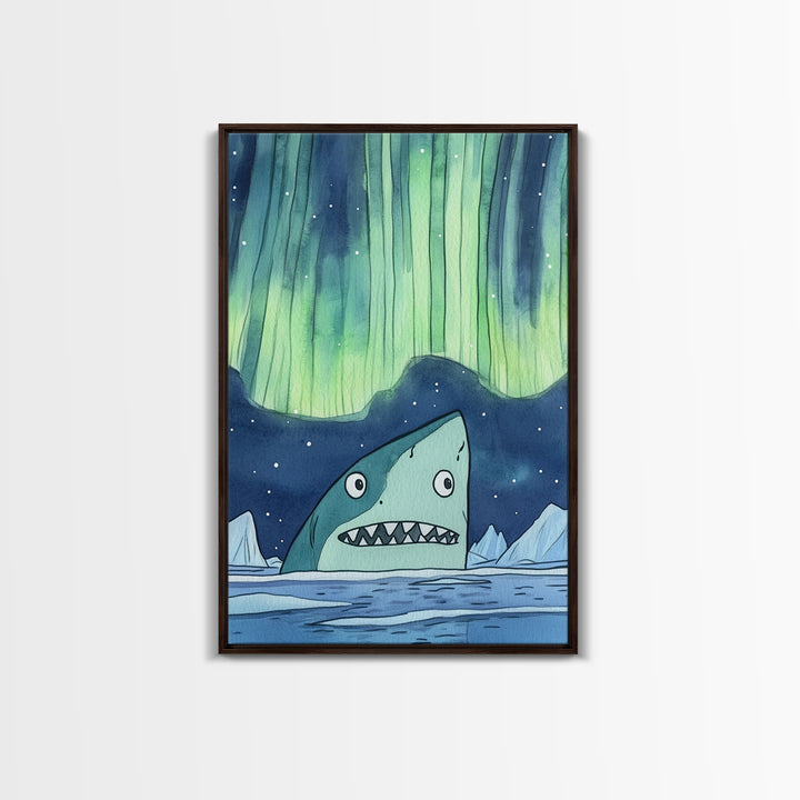 Whimsical Shark Under Northern Lights Wall Art, Arctic Ocean Print, Kids Room Decor, Nautical Nursery Art, Fun Coastal Decor
