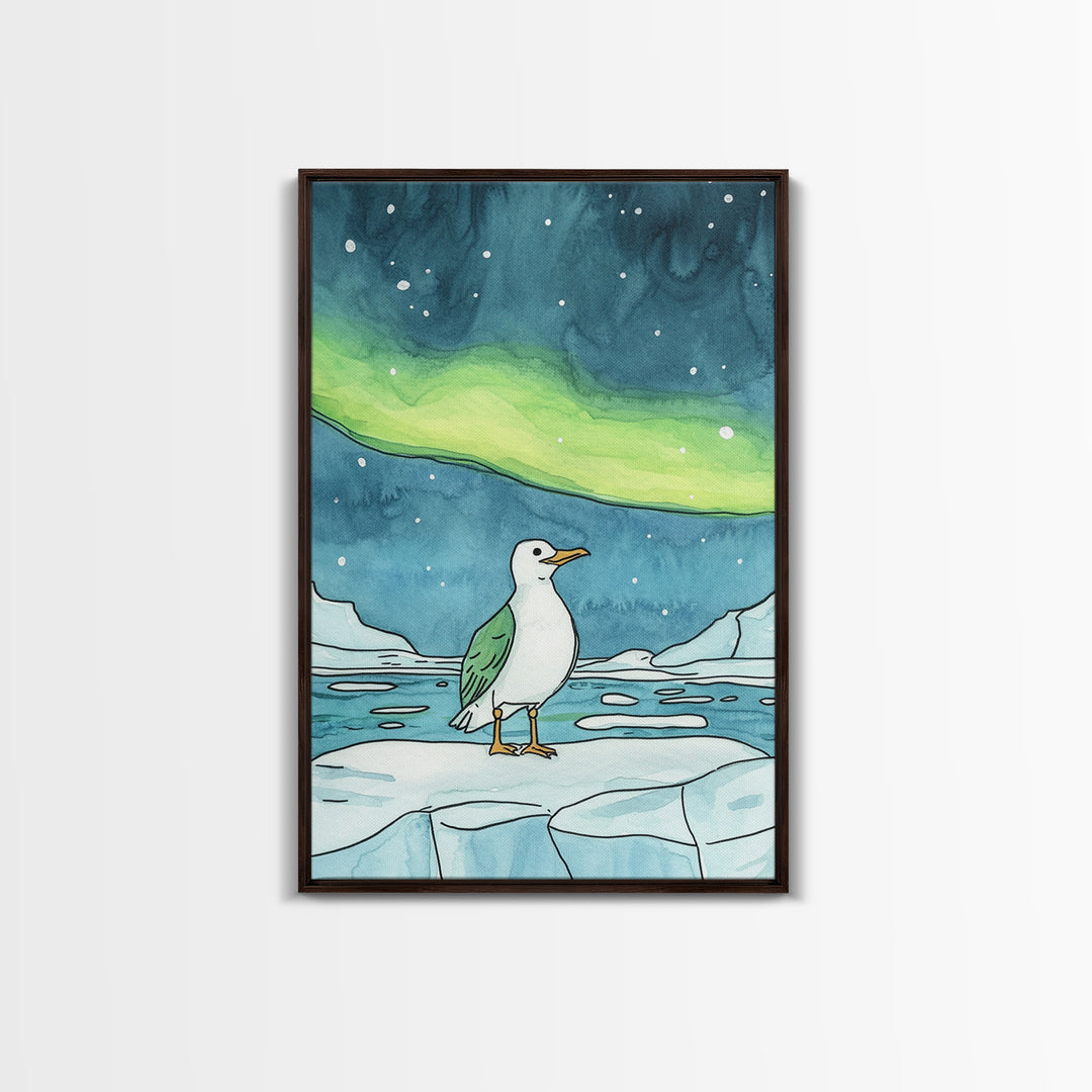 Seagull On Ice Under Aurora Wall Art, Arctic Coastal Bird Print, Ocean Nursery Decor, Nautical Bathroom Art, Beach House Decor